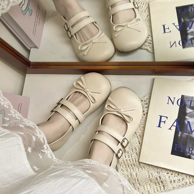 Damen modische Ballerinas mit doppeltem Riemen und dekorativem Schleifendetail EB