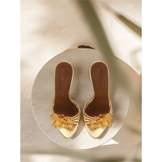 Damen elegante High Heel Sandalen mit zierlicher Blumenapplikation EB