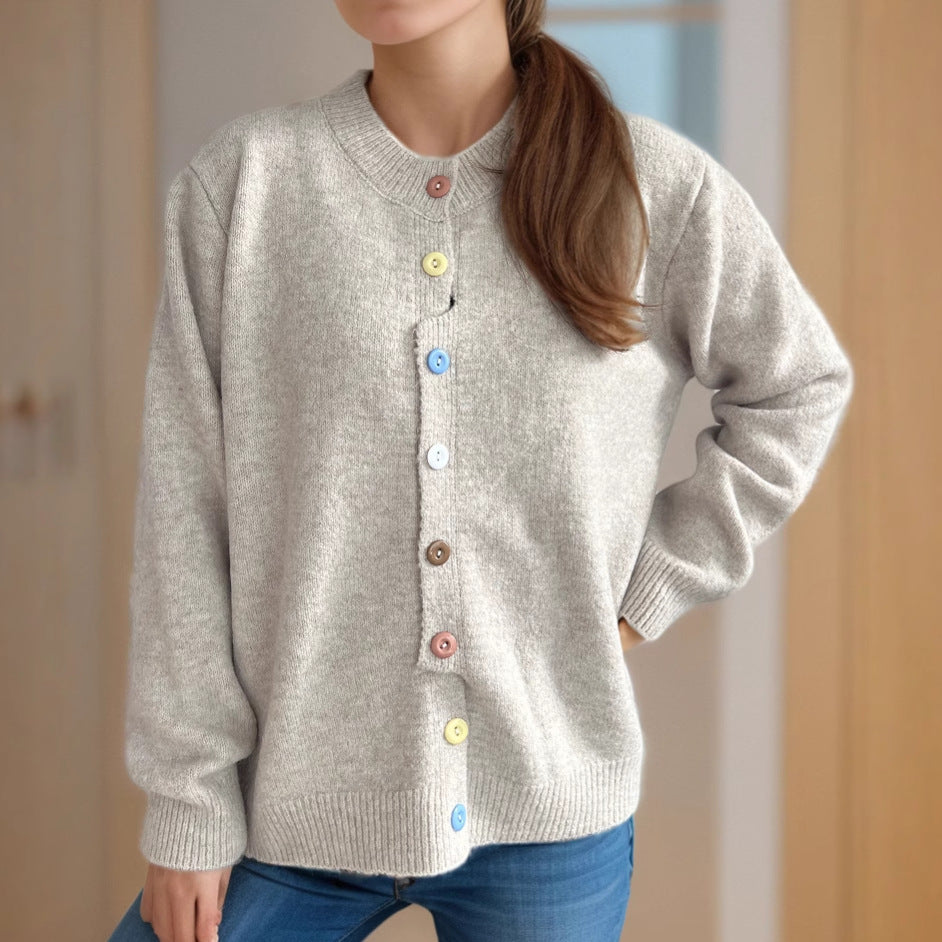 Damen kuschelige Strickjacke mit bunten Knopfdetails EB