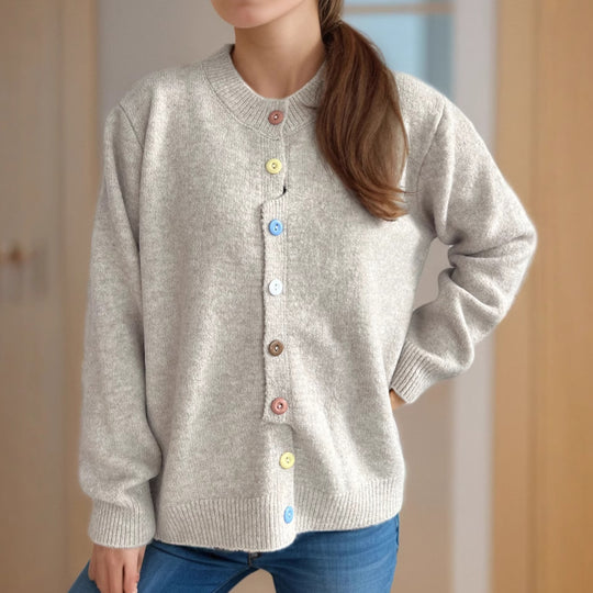 Damen kuschelige Strickjacke mit bunten Knopfdetails EB