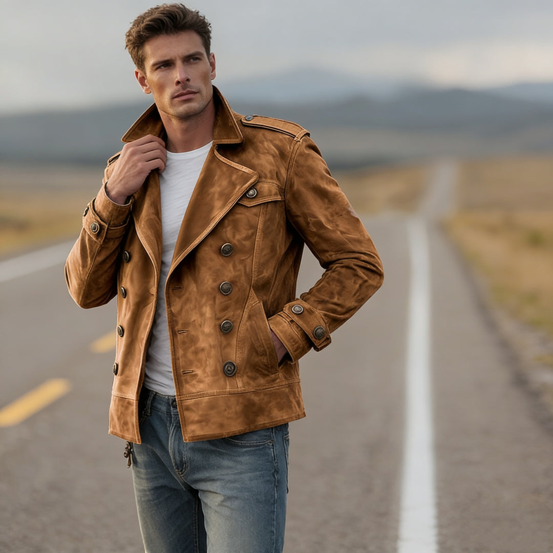 Herren nan doppeltreihige Vintage-Lederjacke mit Reverskragen und Schulterpatten EB