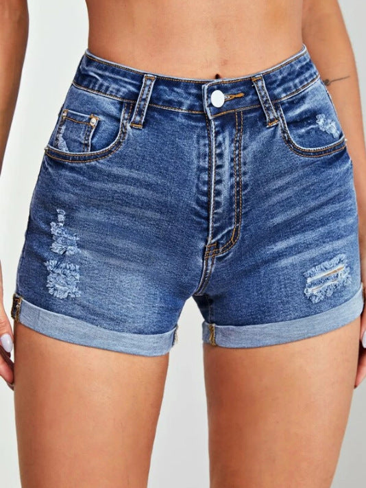 Damen Hoch geschnittene Denim-Shorts mit stylischen Distressed-Details EB