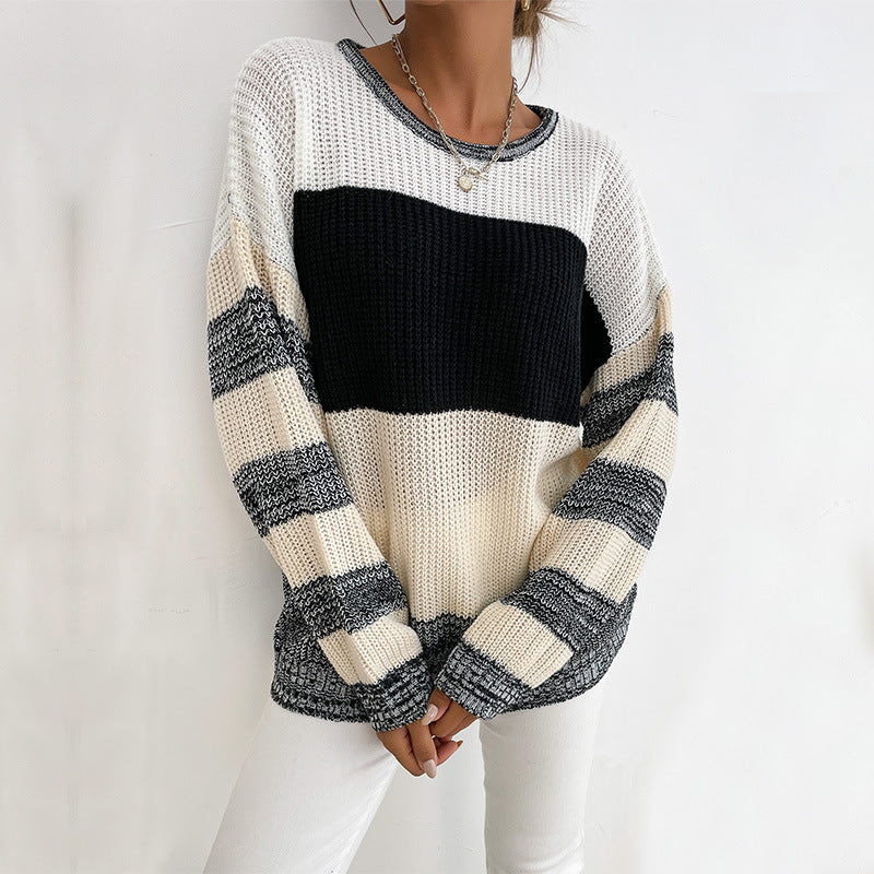 Damen lockerer Strickpullover mit trendigen Blockstreifen und V-Ausschnitt EB