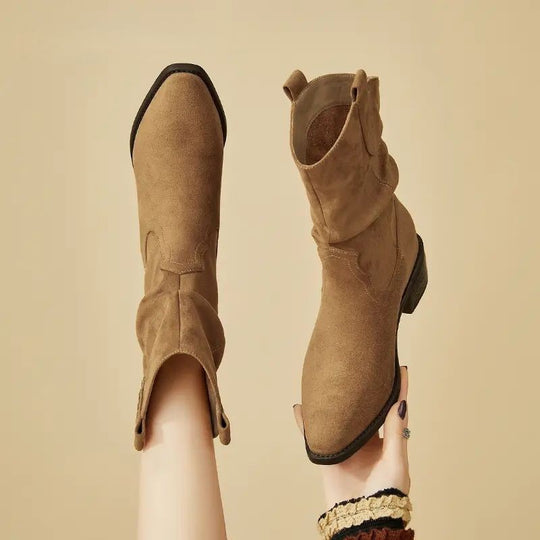 Damen modische Stiefeletten mit eleganter Faltenoptik und rustikalem Design EB