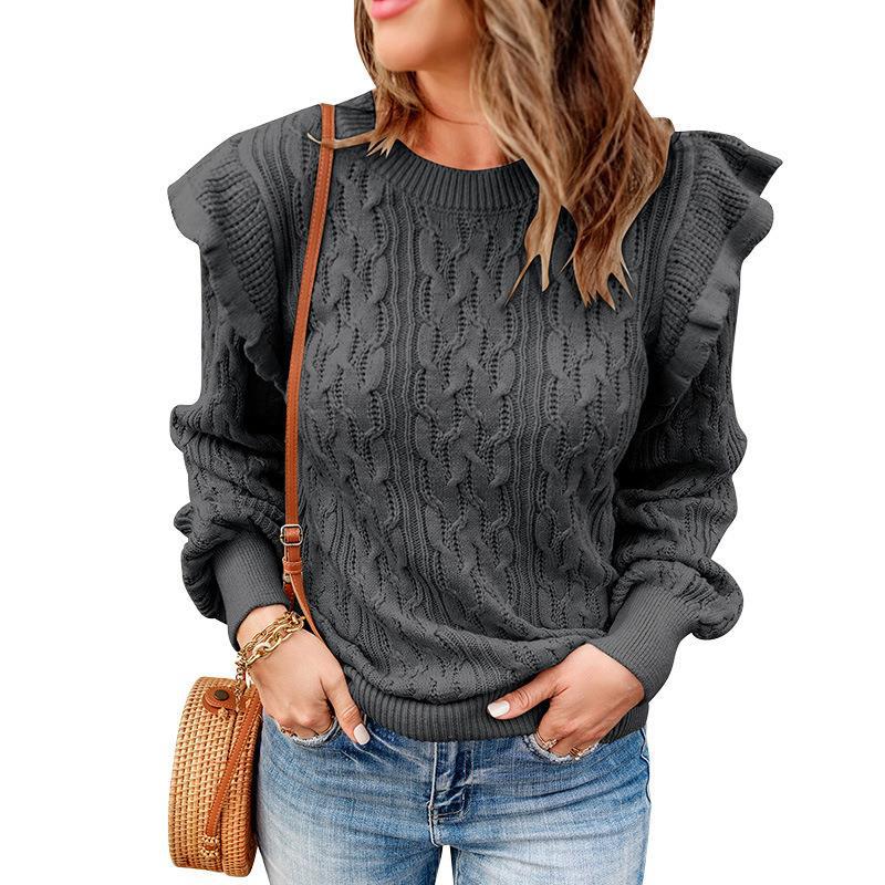 Damen Grobstrickpullover mit Rüschenärmeln und modischem Muster EB
