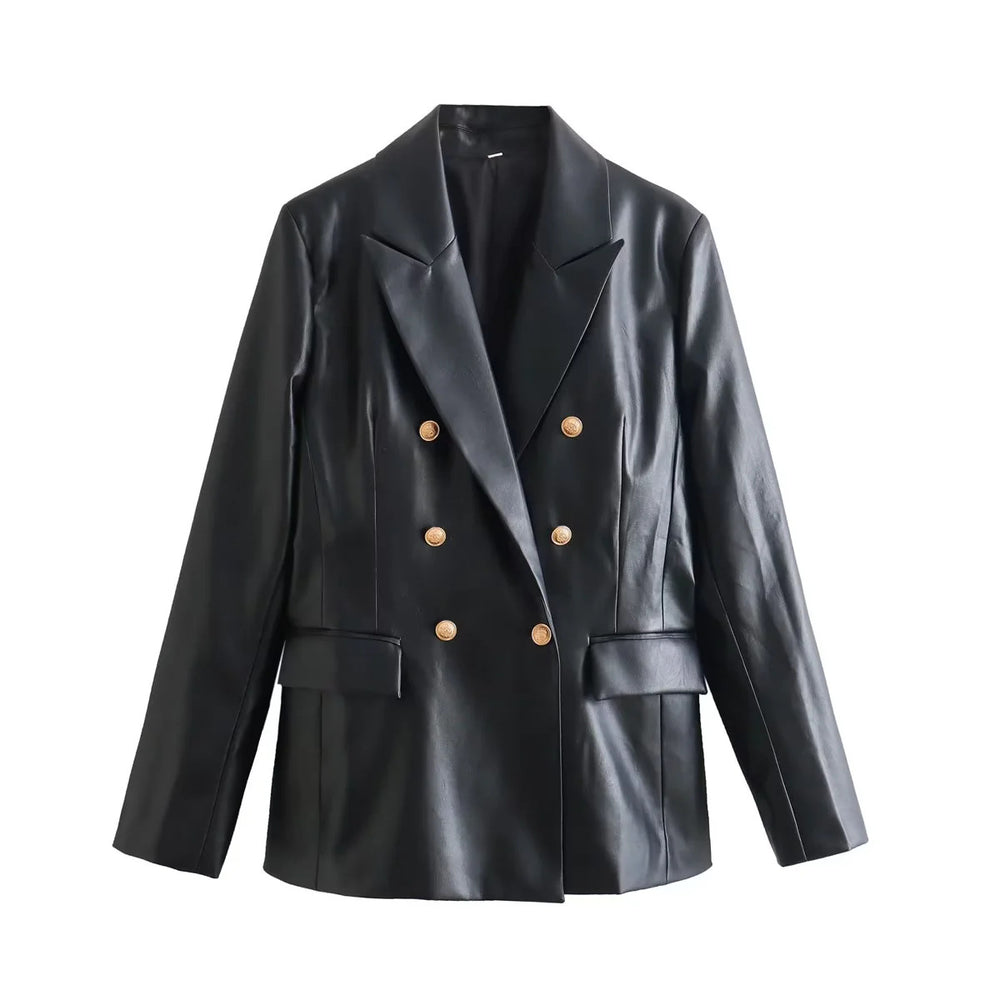 Damen elegante Kunstleder-Blazerjacke mit doppelter Knopfleiste und goldenen Akzenten EB