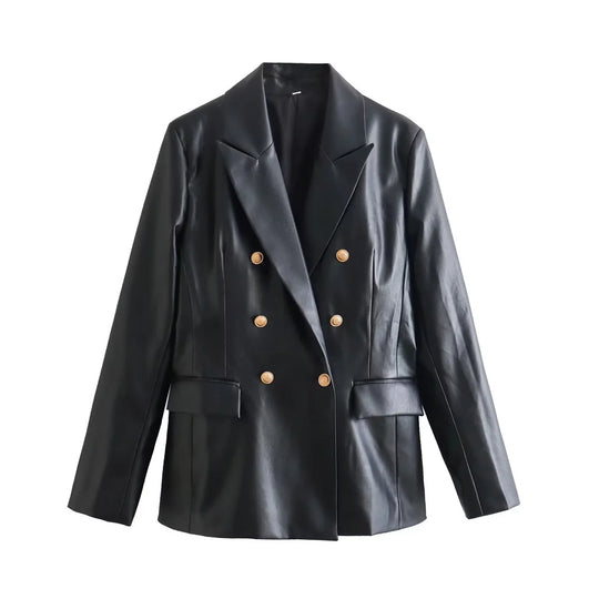 Damen elegante Kunstleder-Blazerjacke mit doppelter Knopfleiste und goldenen Akzenten EB