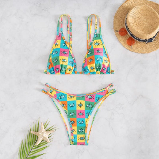 Damen Bikini-Set mit farbenfrohem geometrischem Muster und verstellbaren Trägern EB