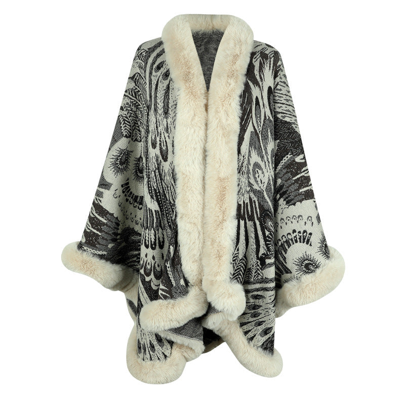 Damen luxuriöser Poncho mit dekorativem Fleece-Wärmeschutz EB