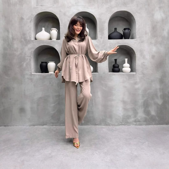 Damen elegantes Set mit langer Bluse und weitem Hosen EB