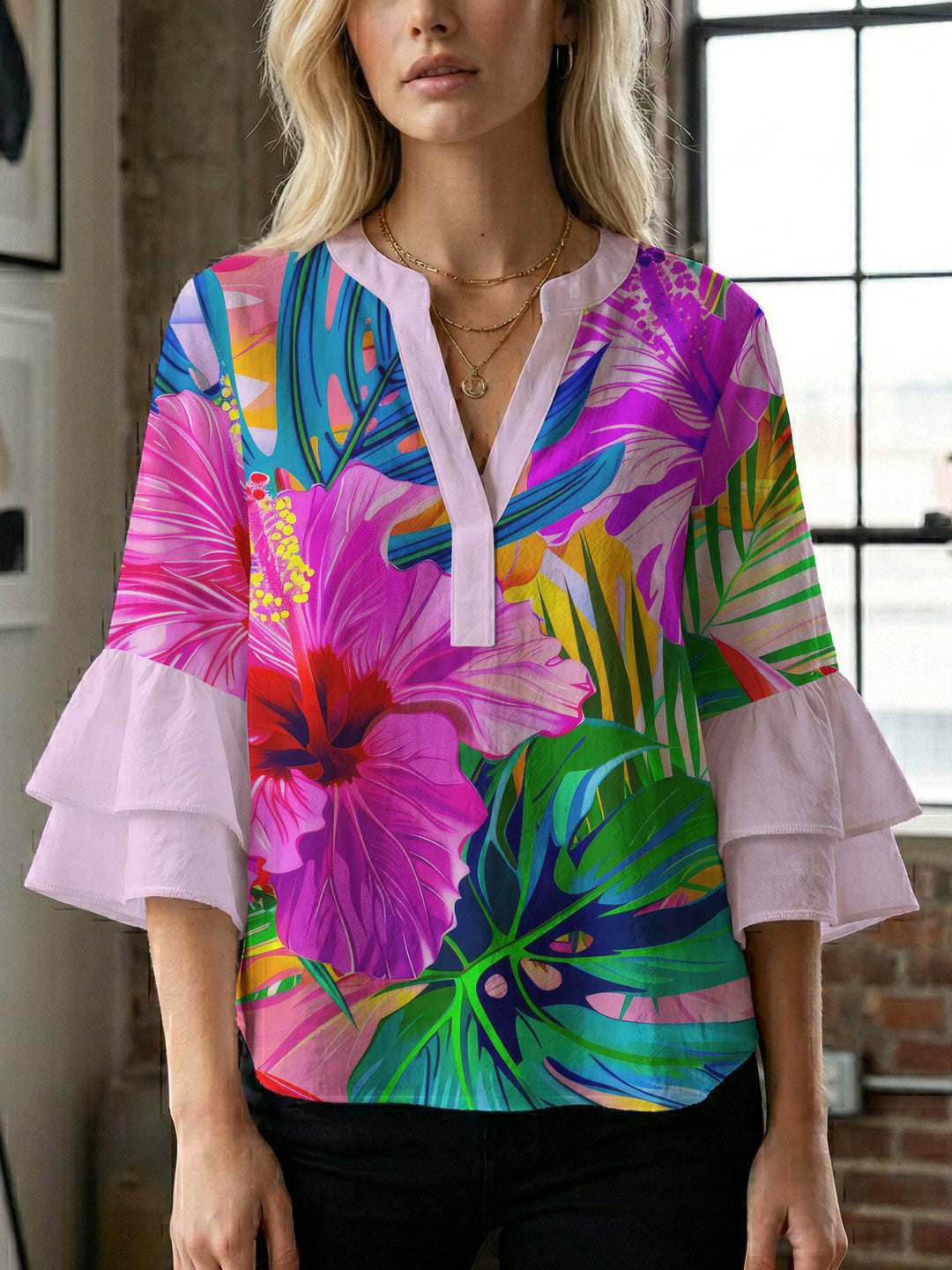 Damen Bluse mit voluminösen Rüschenärmeln und floralem Muster EB