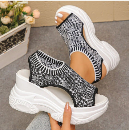Damen Plateau-Sandalen mit elastischem Strick-Obermaterial und atmungsaktivem Design EB
