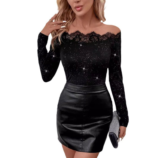 Damen Elegante Bluse mit Spitzen-Ausschnitt und Glitzersteinen EB