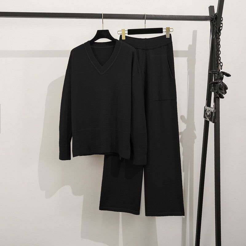 Damen lässiges Strick-Loungewear-Set mit tiefem V-Ausschnitt und praktischen Taschen EB