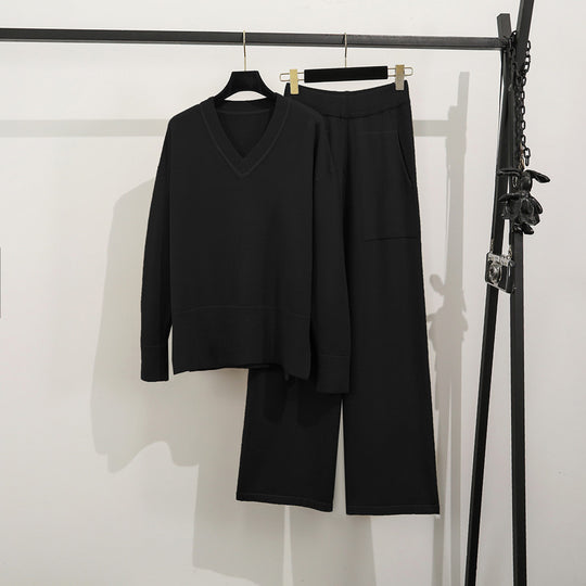 Damen lässiges Strick-Loungewear-Set mit tiefem V-Ausschnitt und praktischen Taschen EB