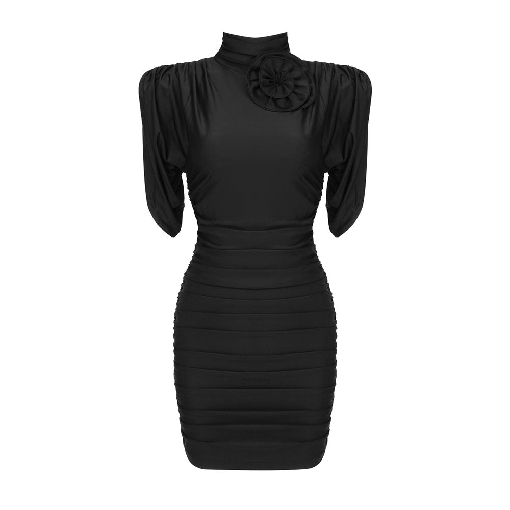 Damen figurbetontes Kleid mit hochgeschlossenem Kragen und Rüschen-Details EB