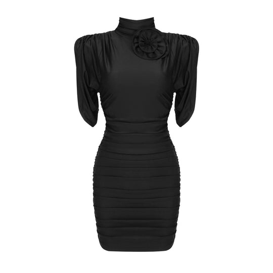 Damen figurbetontes Kleid mit hochgeschlossenem Kragen und Rüschen-Details EB