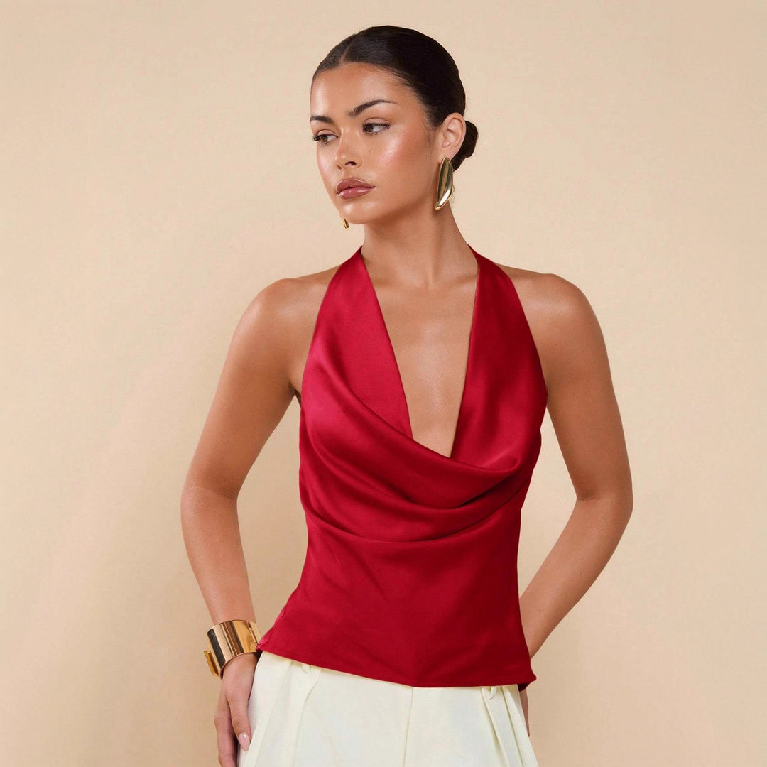 Damen Elegantes Wickeloberteil mit tiefem V-Ausschnitt und fließendem Stoff EB