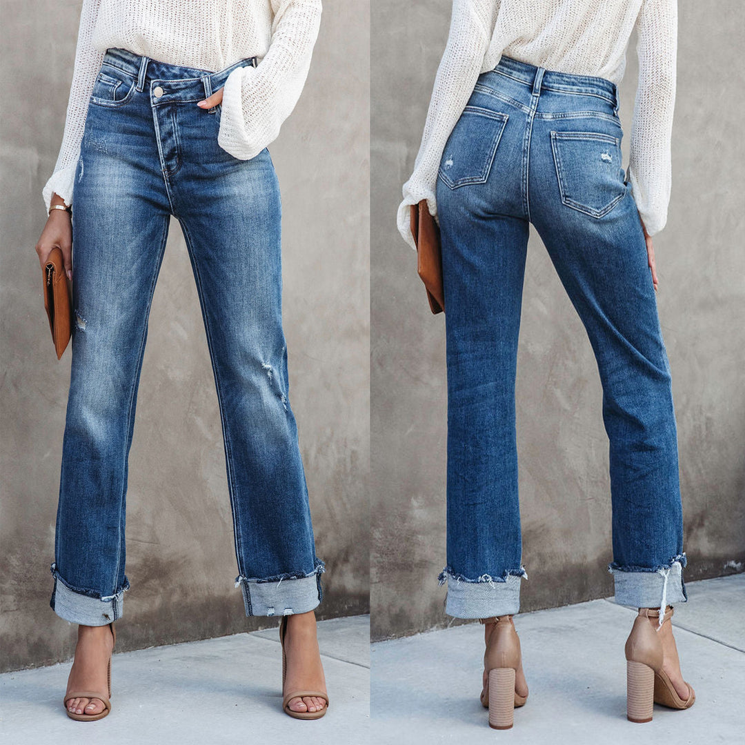 Damen lässige Flared Jeans mit modischen Fransen und hohem Bund EB