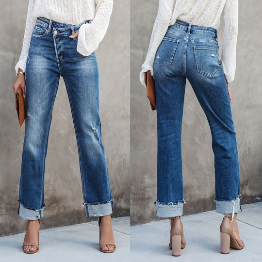 Damen lässige Flared Jeans mit modischen Fransen und hohem Bund EB