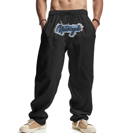 Herren Locker sitzende Leinenoptik-Relaxhose mit elastischem Bund, Kordelzug & Frontprint EB