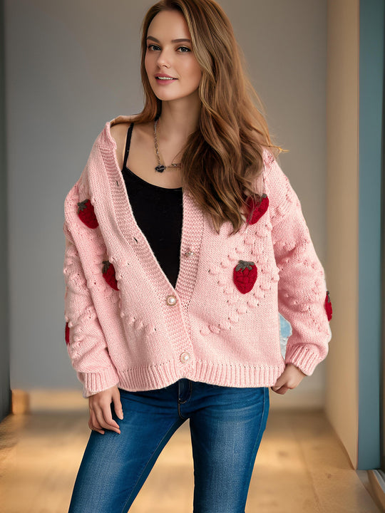 Damen Strickjacke mit verspieltem Erdbeermotiv und Knopfdetails EB