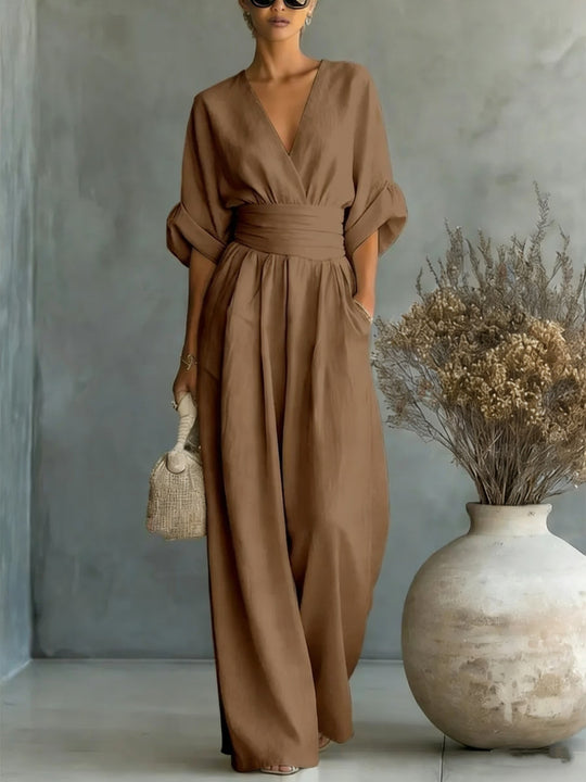 Damen Maxikleid mit V-Ausschnitt und Puffärmeln EB