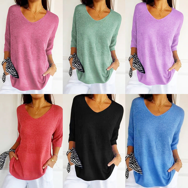 Damen nan locker sitzender V-Ausschnitt Feinstrickpullover mit dreiviertelÄrmeln EB