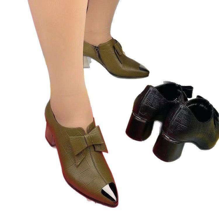 Damen nan elegante Pumps mit spitzer Metallkappe, dekorativer Schleife, seitlichem Reißverschluss und mittelhohem Blockabsatz EB