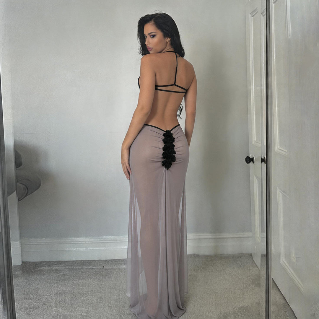 Damen Transparente Maxikleid mit verführerischem Cut-Out und sexy Rückenausschnitt EB
