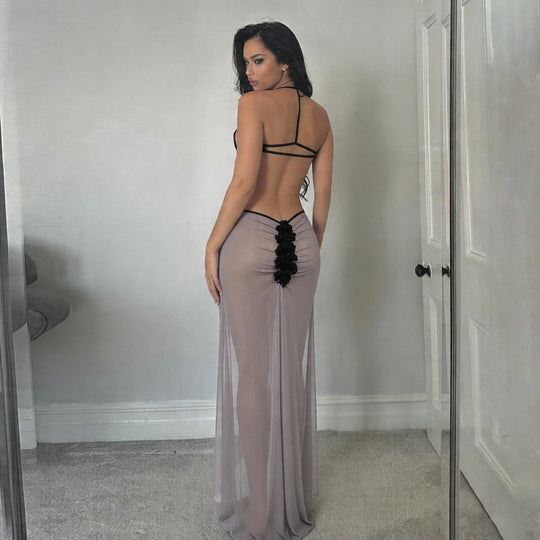 Damen Transparente Maxikleid mit verführerischem Cut-Out und sexy Rückenausschnitt EB