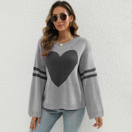 Damen Strickpullover mit Herzmotiv und lässigen Ärmelabschlüssen EB