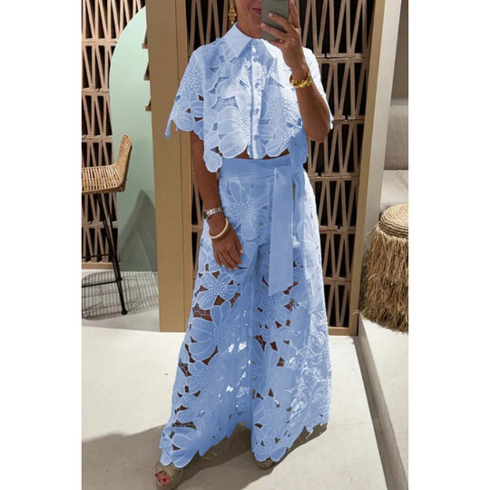 Damen Zweiteiliges Spitzen-Set mit Blumenstickerei und Palazzohose EB