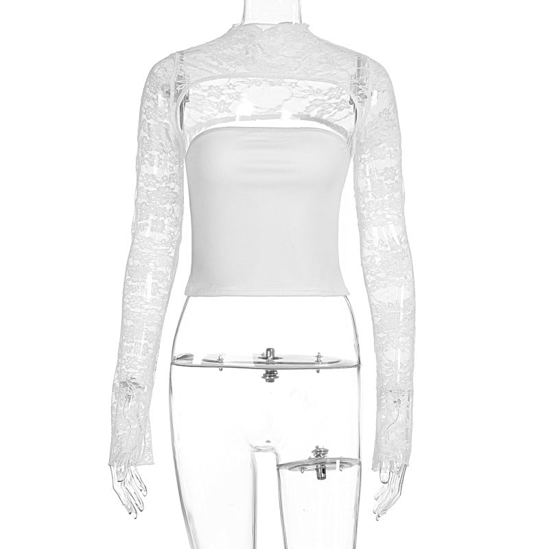 Damen Elegantes Oberteil mit transparenten Ärmeln und hochwertiger Spitze EB