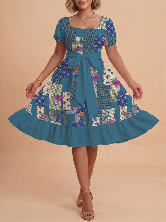 Damen Retro Maxikleid mit Puffärmeln und Taillengürtel EB