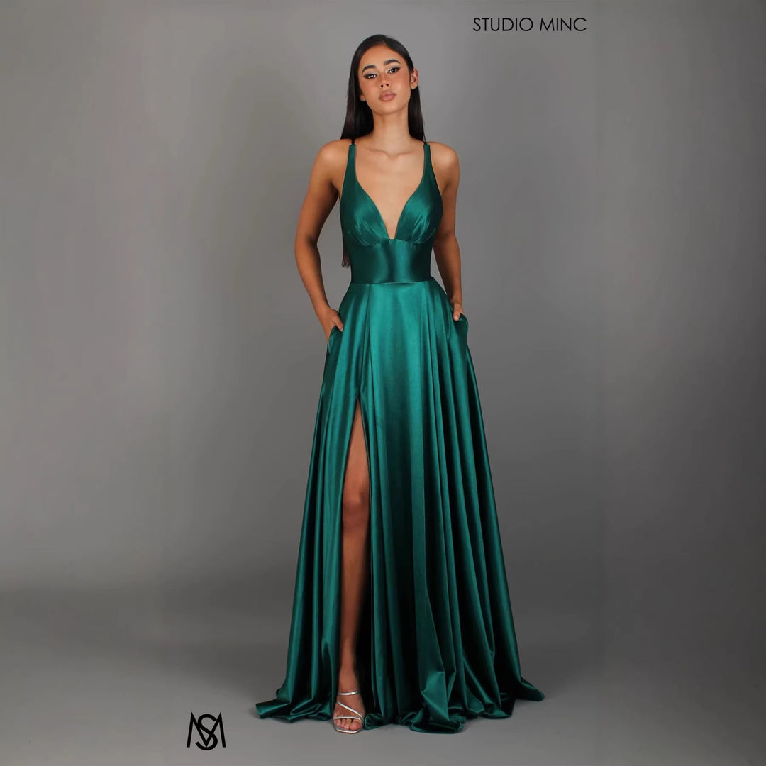 Damen Elegantes Maxikleid mit tiefem V-Ausschnitt und modischem Schlitz EB