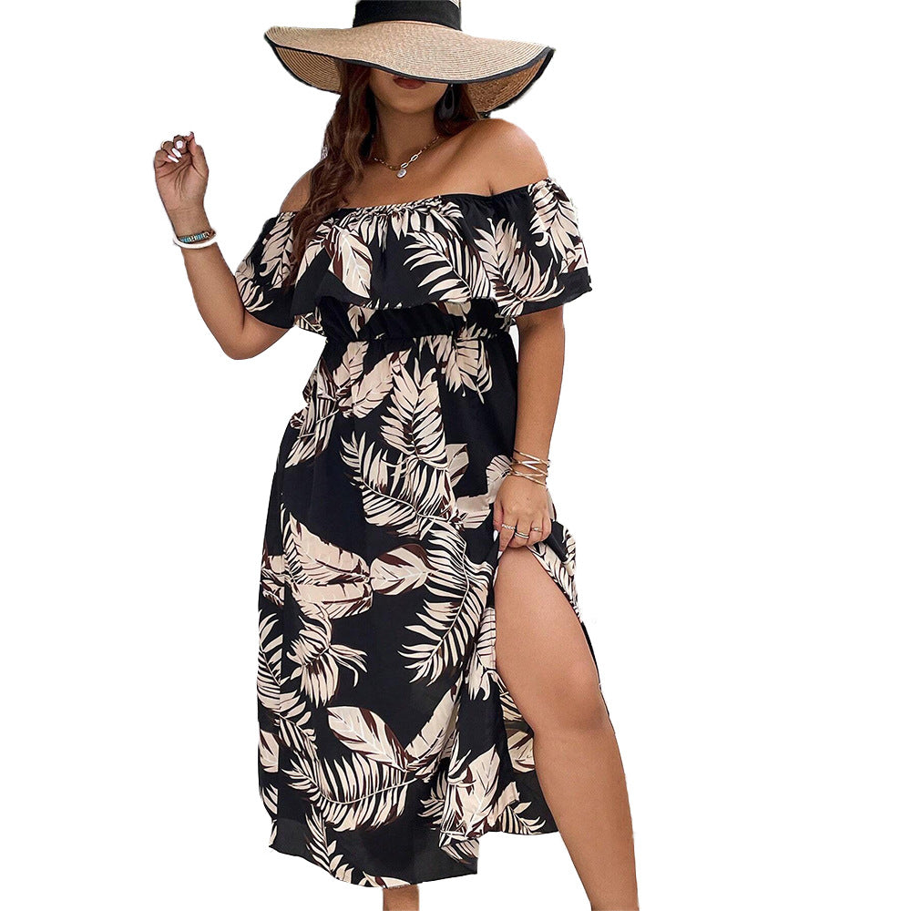 Damen Off-Shoulder Maxikleid mit raffinierten Rüschen und seitlichem Schlitz EB