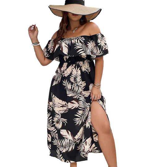 Damen Off-Shoulder Maxikleid mit raffinierten Rüschen und seitlichem Schlitz EB