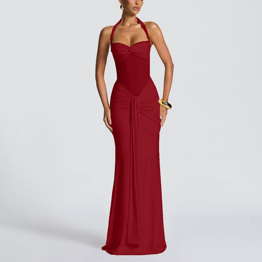 Damen Elegantes Maxikleid mit Tiefem Rückenausschnitt und Raffinierten Falten EB