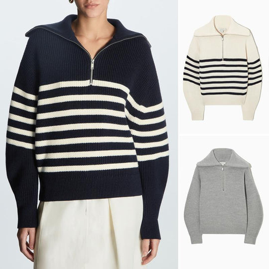 Damen Gestreifter Half‑Zip Strickpullover mit Matrosenkragen und überschnittener Schulter EB