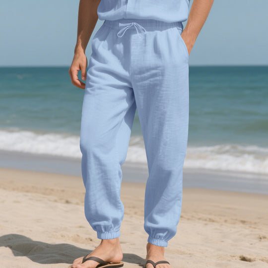 Herren Leinenoptik-Loungehose mit elastischem Bund, Kordelzug & gerippten Knöchelabschlüssen EB