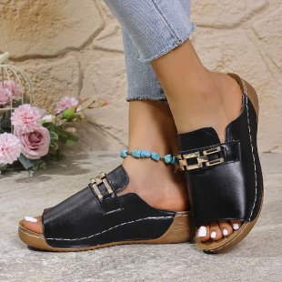 Damen komfortable Pantoletten mit dekorativem Riemen und ergonomischer Sohle EB