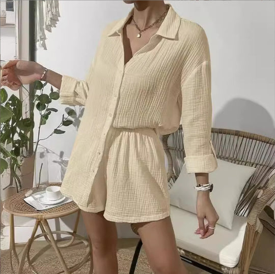 Damen nan luftig-leichter Zweiteiler Lounge-Set aus Baumwoll-Gauze mit Hemdbluse und elastischer Taillen-Shorts EB