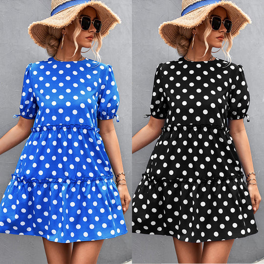 Damen Freizeitkleid mit voluminösen Rüschendetails und Polka-Dots EB