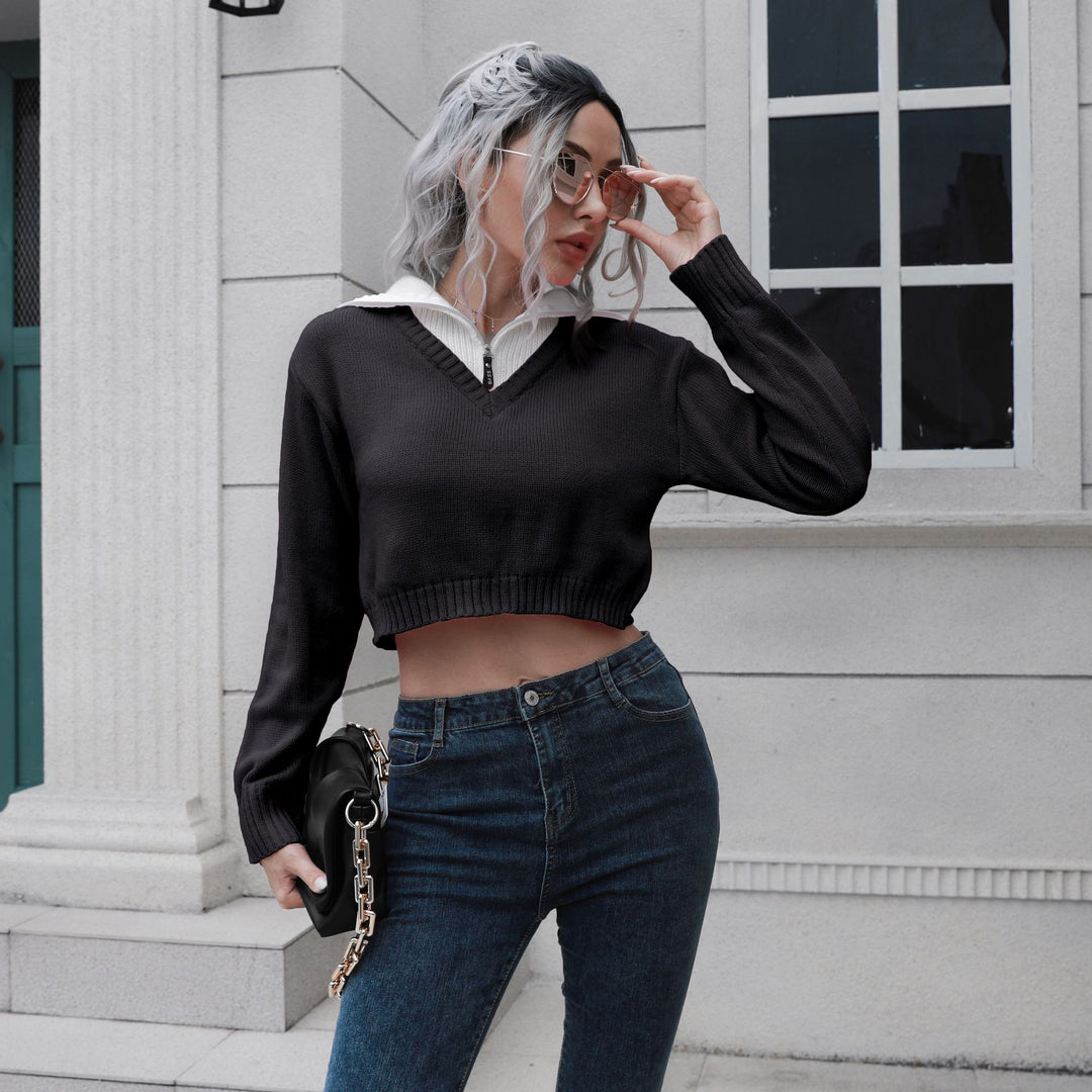 Damen Cropped Pullover mit hohem Kragen und verdecktem Reißverschluss EB