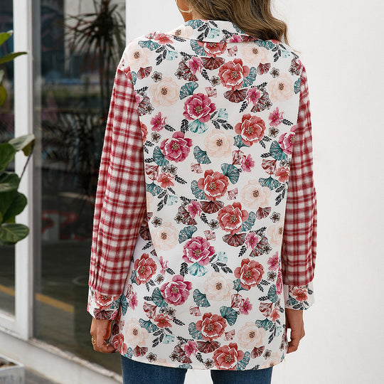 Damen Trendige Karobluse mit floralem Patchwork-Design EB