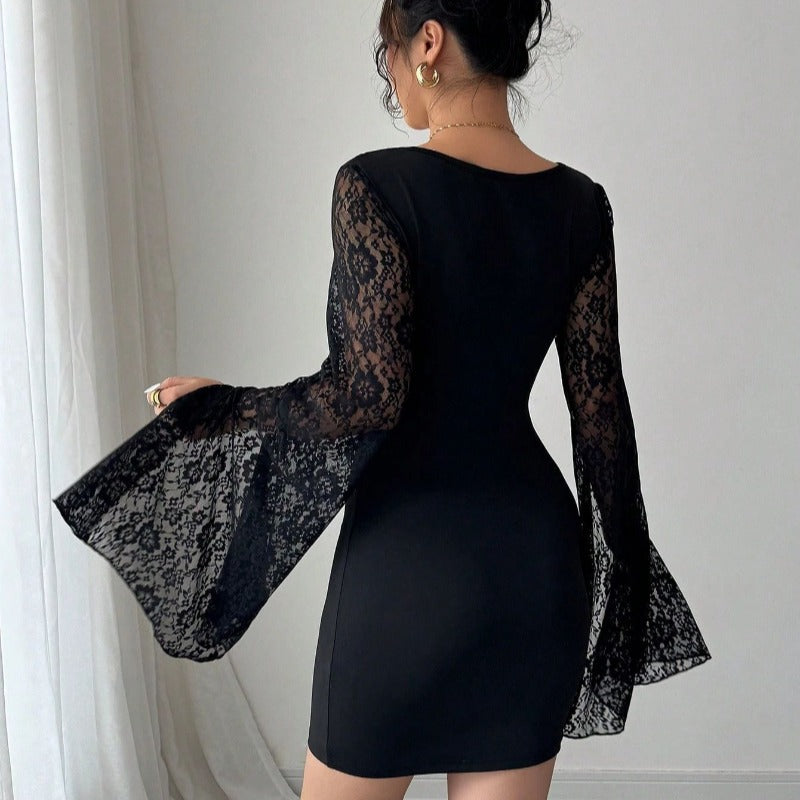 Damen Mini-Kleid mit transparenter Spitzenärmel und figurbetontem Schnitt EB