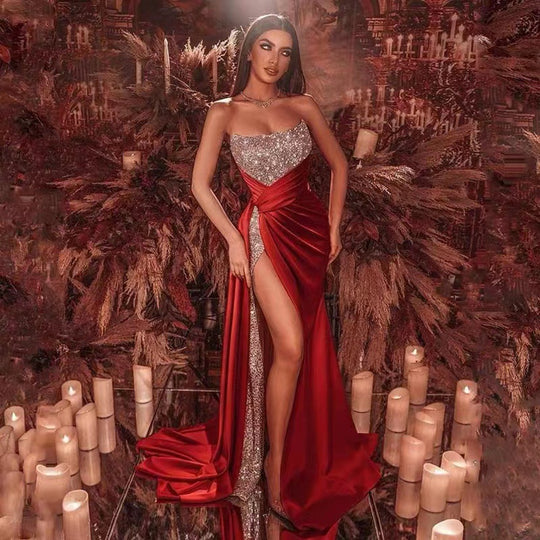 Damen Glamouröses Maxikleid mit funkelndem Oberteil und hohe Beinschlitz EB