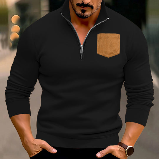 Herren sportlicher Pullover mit halbem Reißverschluss und kontrastierender Brusttasche EB