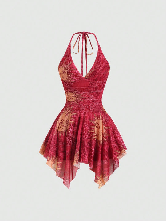 Damen lässiges Strandkleid mit asymmetrischem Saum und raffiniertem Druck EB